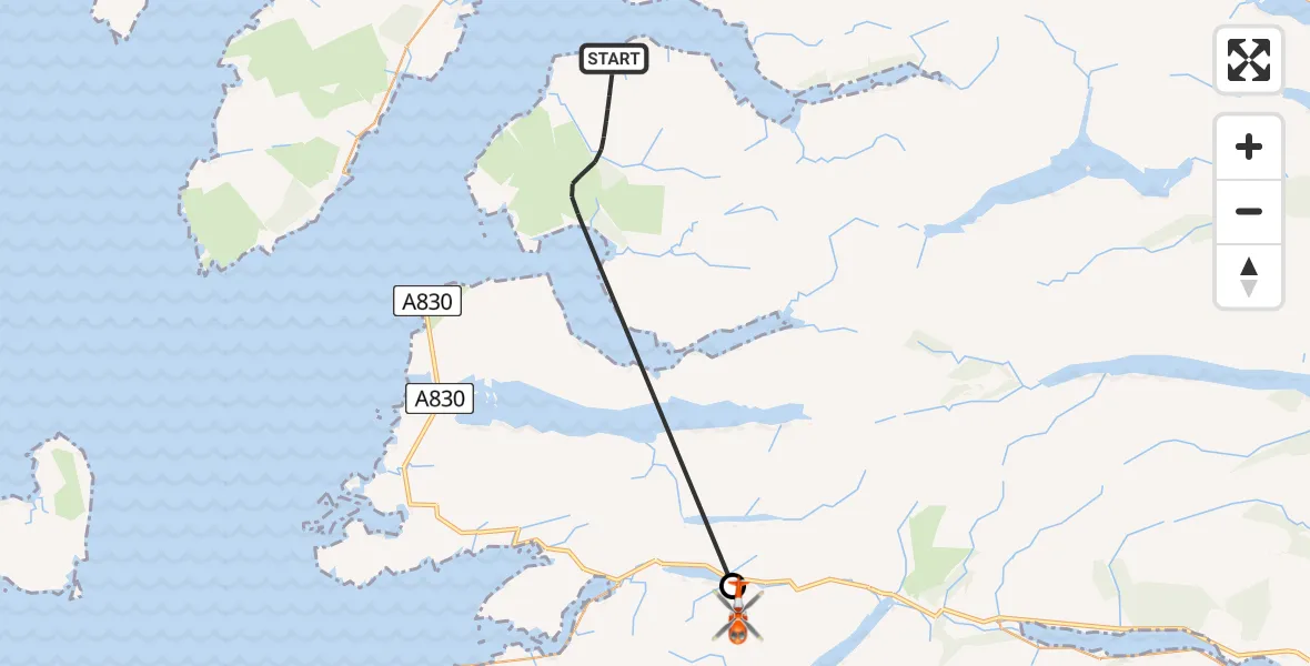 Flight path map showing Coastguard Helicopter route from Inner Seas to Highland