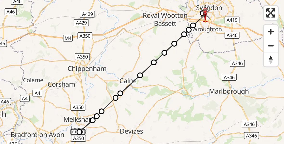 Flight path map showing Air Ambulance Helicopter route from Wiltshire Air Ambulance to Swindon