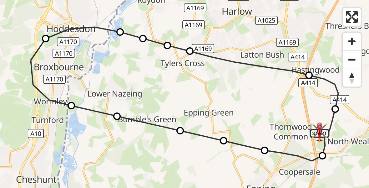 Flight path map showing Air Ambulance Helicopter route from North Weald Airfield to North Weald Airfield