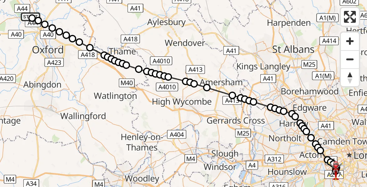 Flight path map showing Air Ambulance Helicopter route from London Oxford Airport to London Heliport