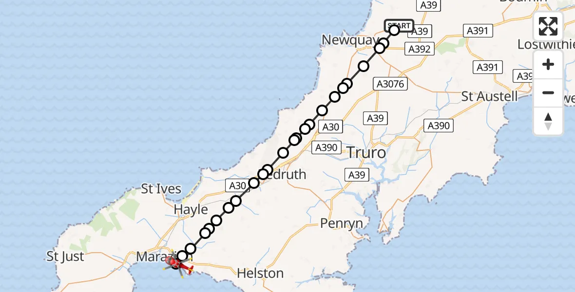 Flight path map showing Air Ambulance Helicopter route from Cornwall Airport Newquay to Perranuthnoe