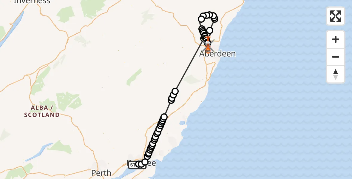 Flight path map showing Coastguard Helicopter route from Dundee Airport to Aberdeen International Airport