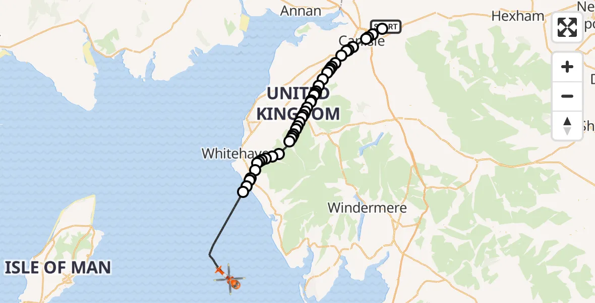 Flight path map showing Coastguard Helicopter route from Carlisle Lake District Airport to Irish Sea