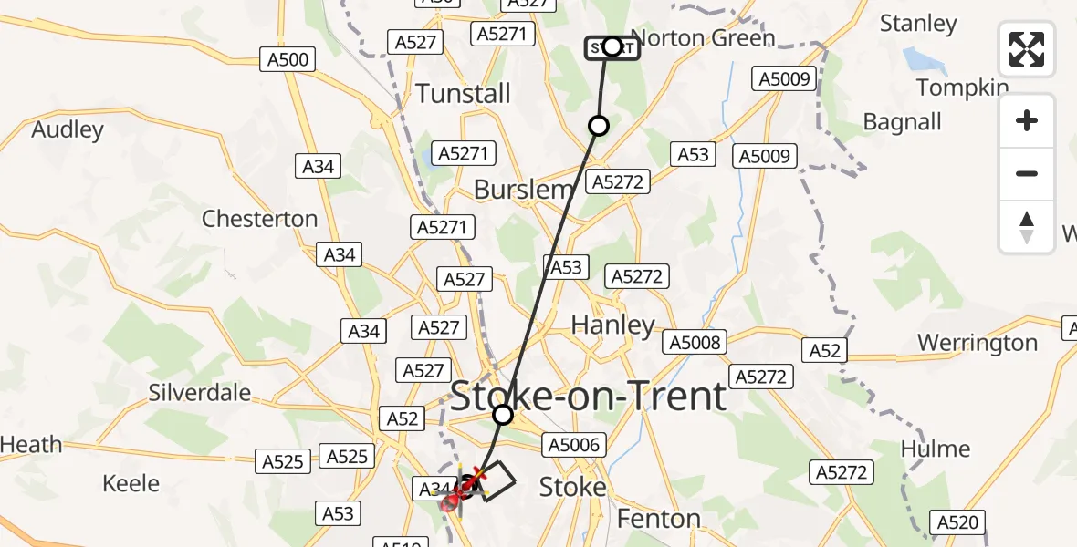 Flight path map showing Air Ambulance Helicopter route from Norton-Le-Moors to University Hospital North Staffs