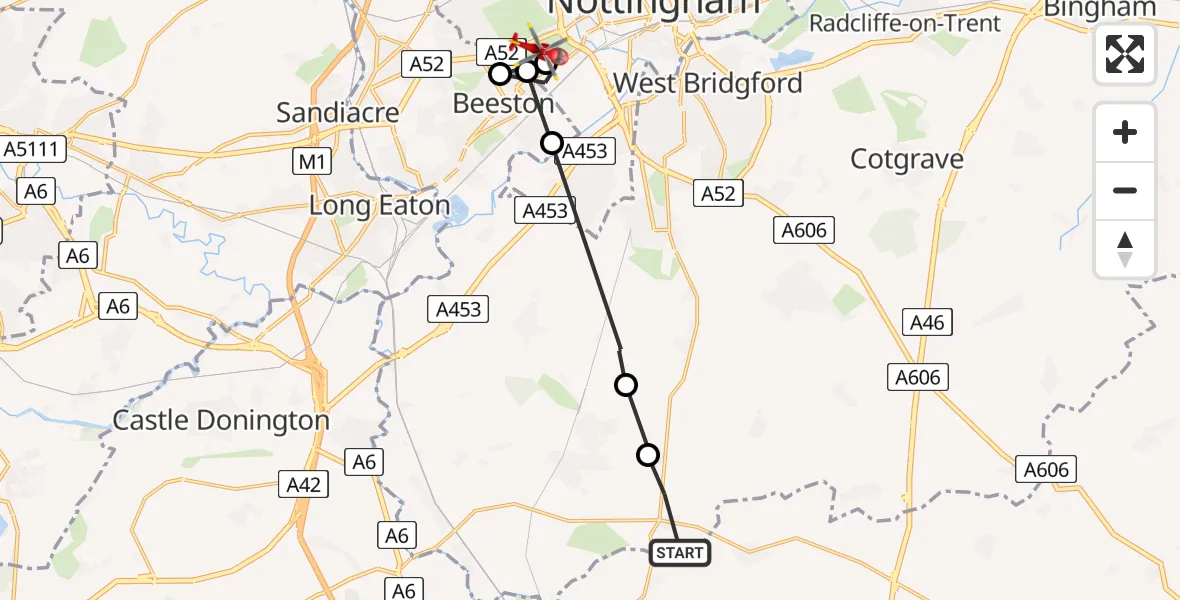 Flight path map showing Air Ambulance Helicopter route from Rempstone to City of Nottingham