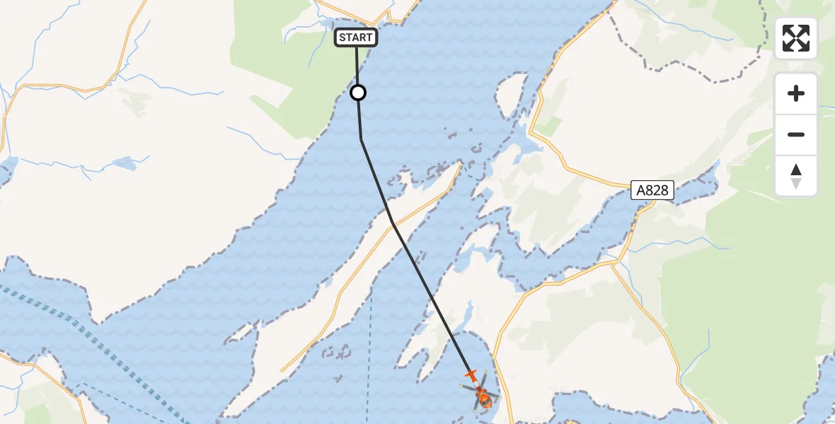 Flight path map showing Coastguard Helicopter route from Ardgour to Inner Seas