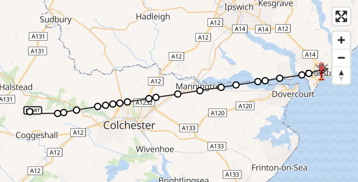 Flight path map showing Air Ambulance Helicopter route from Earls Colne Airfield to Felixstowe