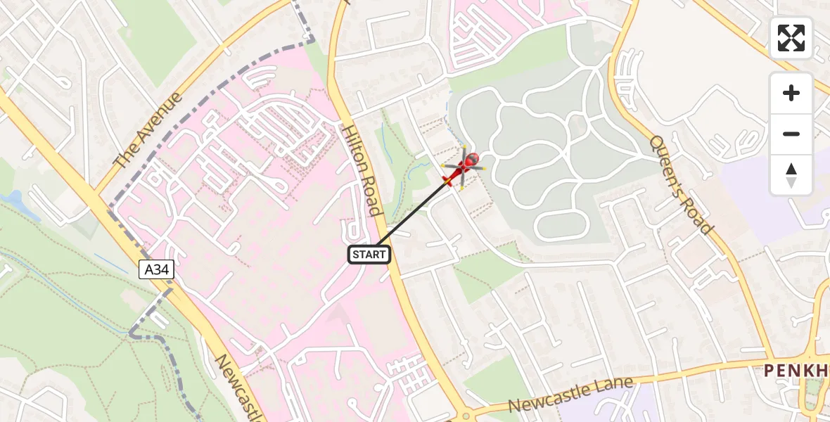 Flight path map showing Air Ambulance Helicopter route from University Hospital North Staffs to Stoke