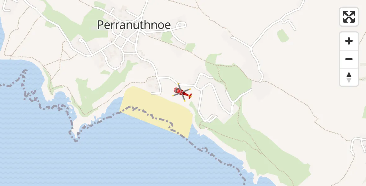 Flight path map showing Air Ambulance Helicopter route from Perranuthnoe to Perranuthnoe