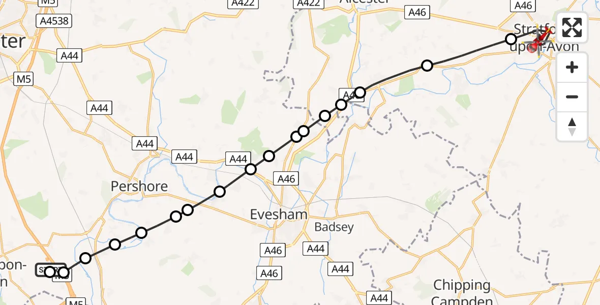 Flight path map showing Air Ambulance Helicopter route from Hill Croome to Stratford-upon-Avon