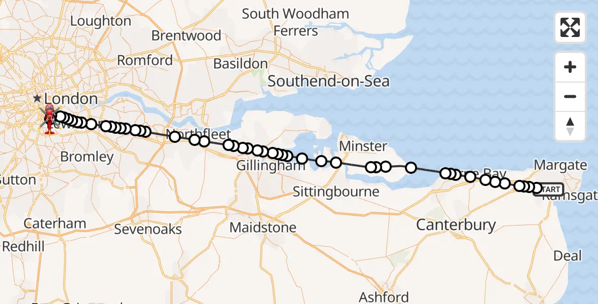 Flight path map showing Air Ambulance Helicopter route from Manston Airport to Kings College London Hospital