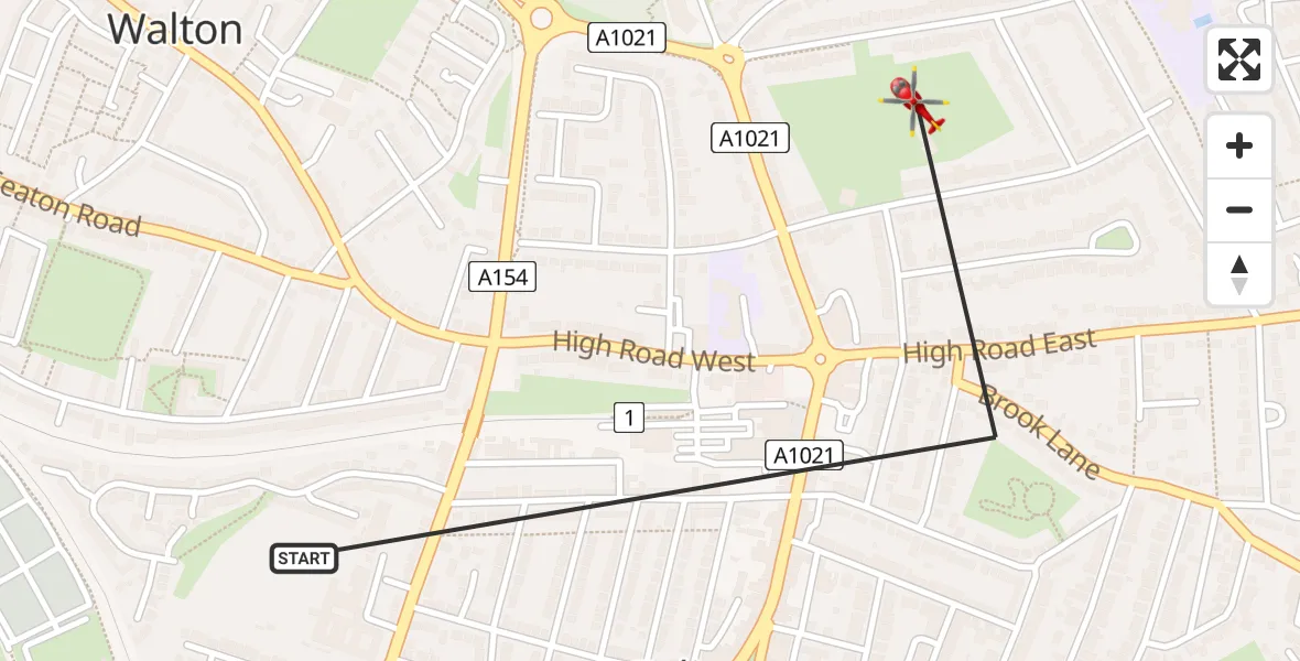 Flight path map showing Air Ambulance Helicopter route from Felixstowe to Felixstowe