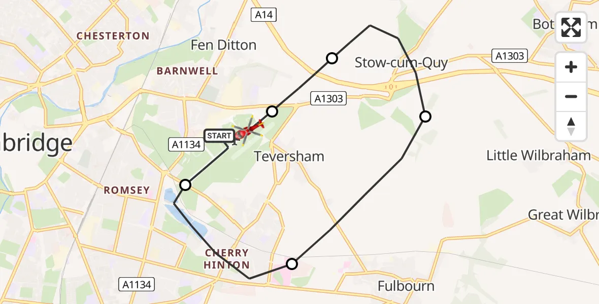 Flight path map showing Air Ambulance Helicopter route from Cambridge City Airport to Cambridge City Airport