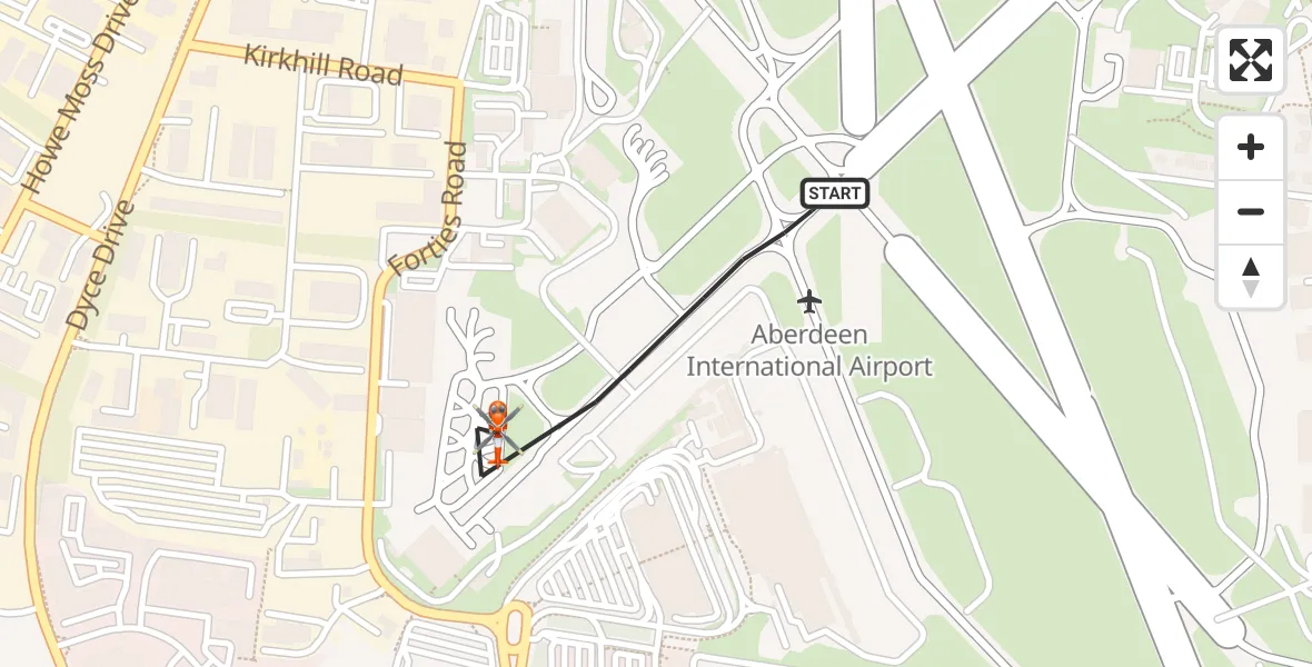 Flight path map showing Coastguard Helicopter route from Aberdeen International Airport to Aberdeen International Airport