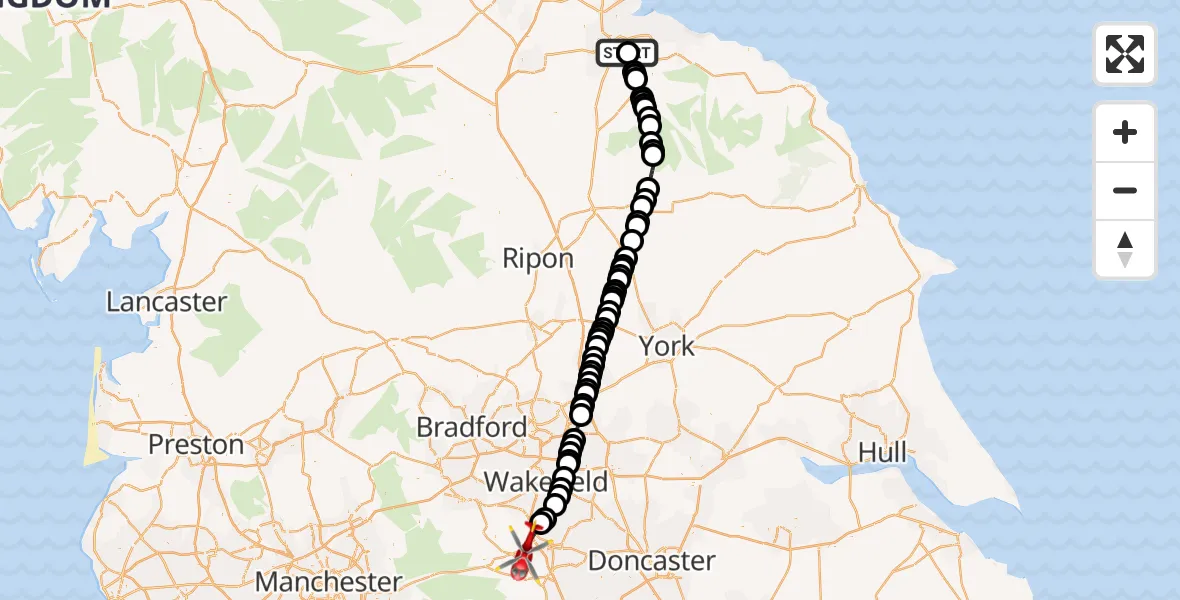 Flight path map showing Air Ambulance Helicopter route from James Cook University Hospital to Barnsley
