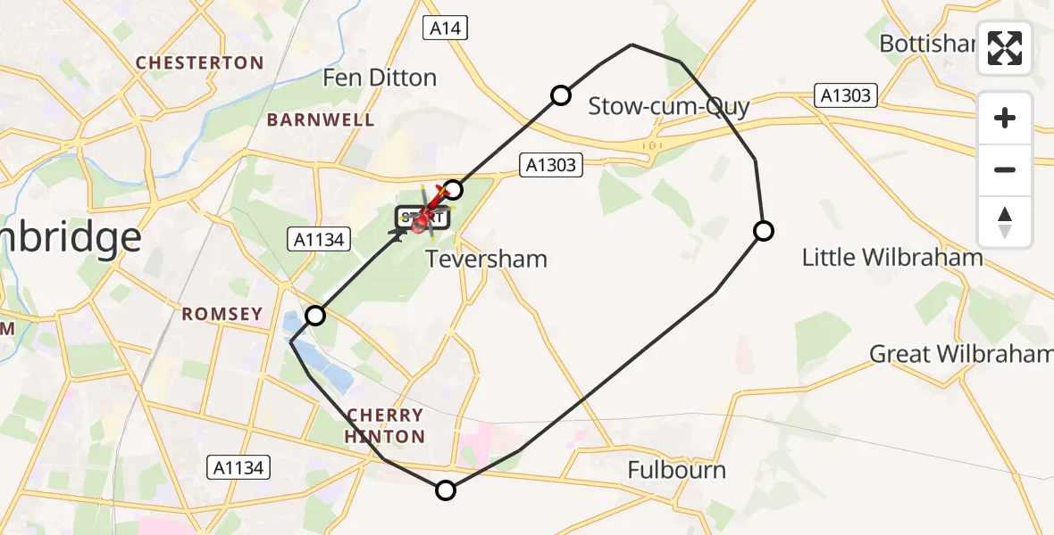 Flight path map showing Air Ambulance Helicopter route from Cambridge City Airport to Cambridge City Airport