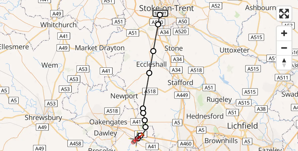 Flight path map showing Air Ambulance Helicopter route from University Hospital North Staffs to Shifnal