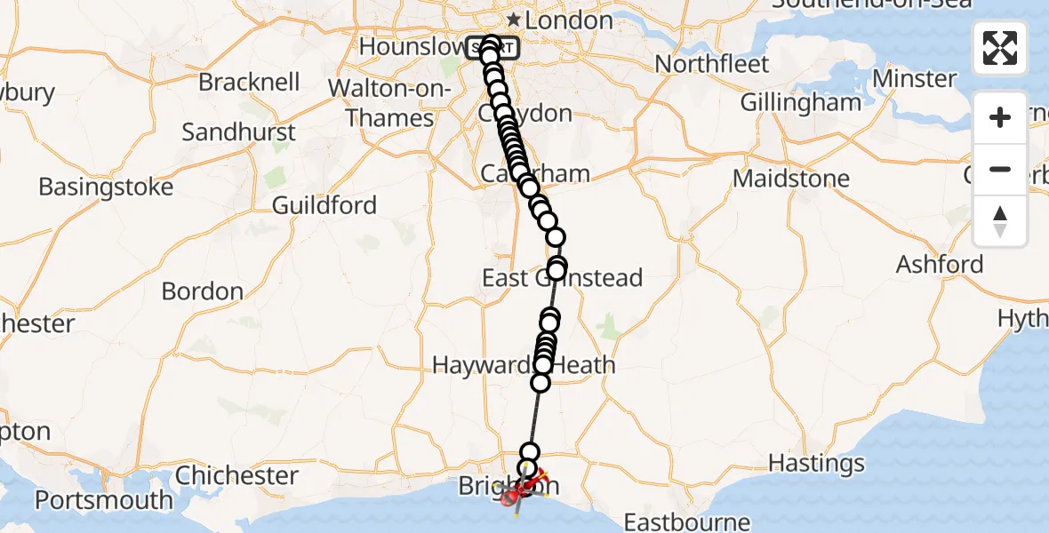 Flight path map showing Air Ambulance Helicopter route from London Heliport to Roedean