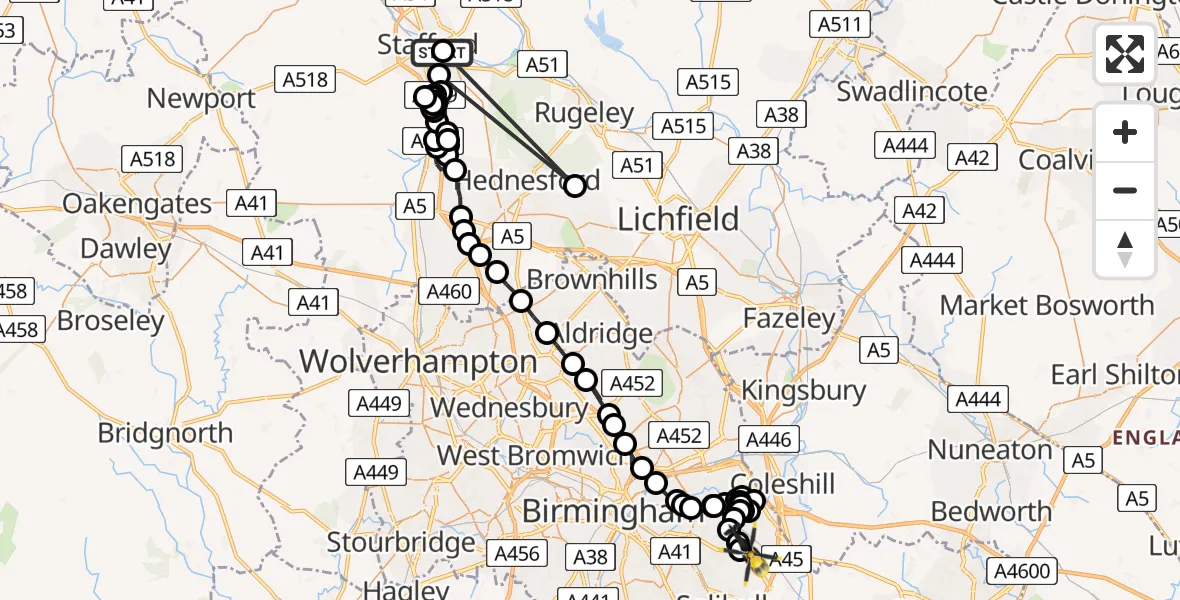 Flight path map showing Police Helicopter route from Stafford to Birmingham Airport
