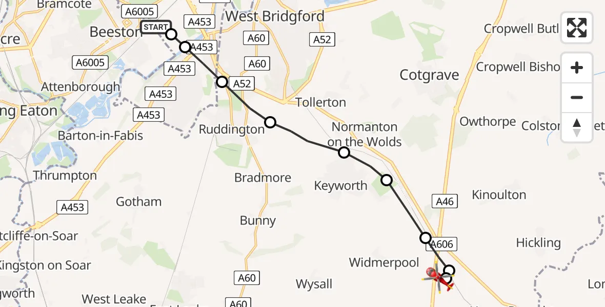 Flight path map showing Air Ambulance Helicopter route from City of Nottingham to Nottingham Heliport