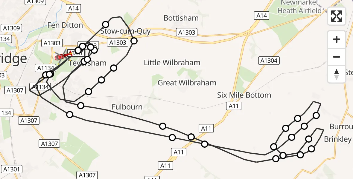 Flight path map showing Air Ambulance Helicopter route from Cambridge City Airport to Cambridge City Airport