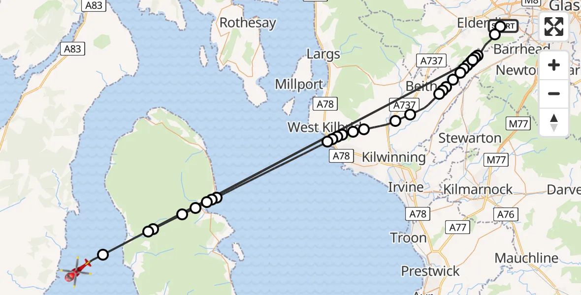 Flight path map showing Air Ambulance Helicopter route from Royal Alexandria Hospital Paisley to Inner Seas