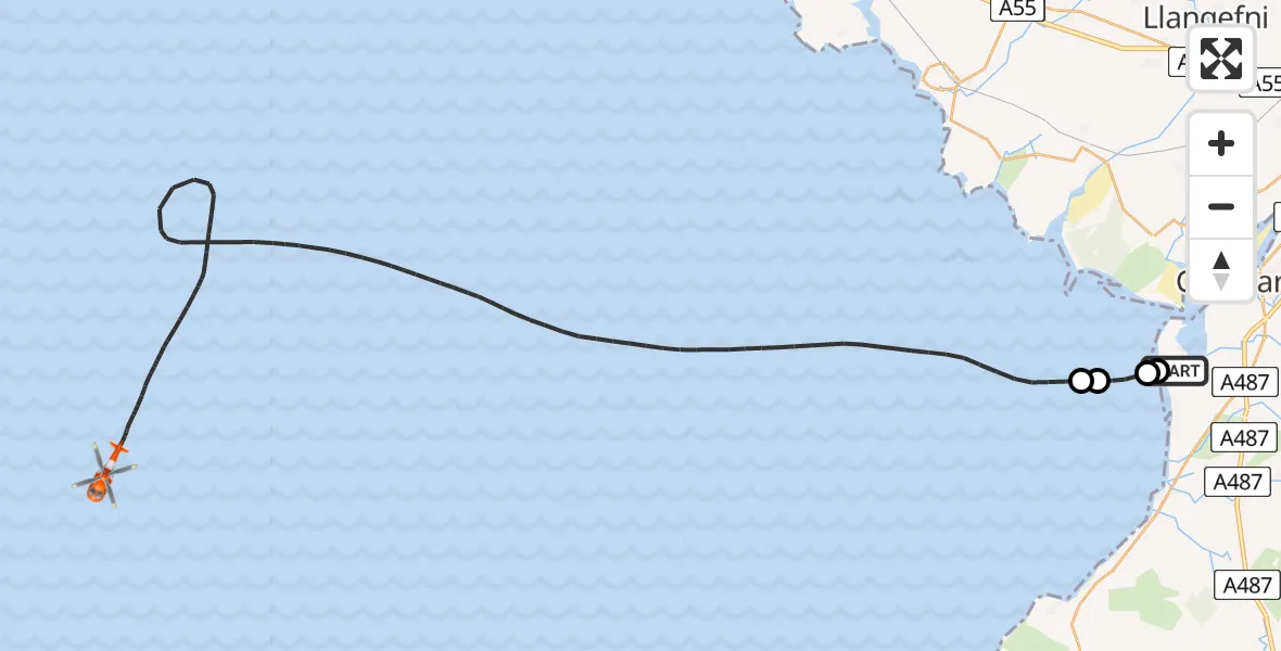 Flight path map showing Coastguard Helicopter route from Caernarfon Airport to Irish Sea