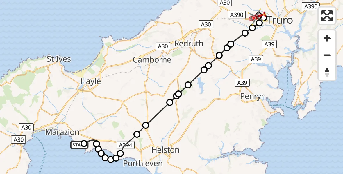 Flight path map showing Air Ambulance Helicopter route from Perranuthnoe to Treliske Hospital