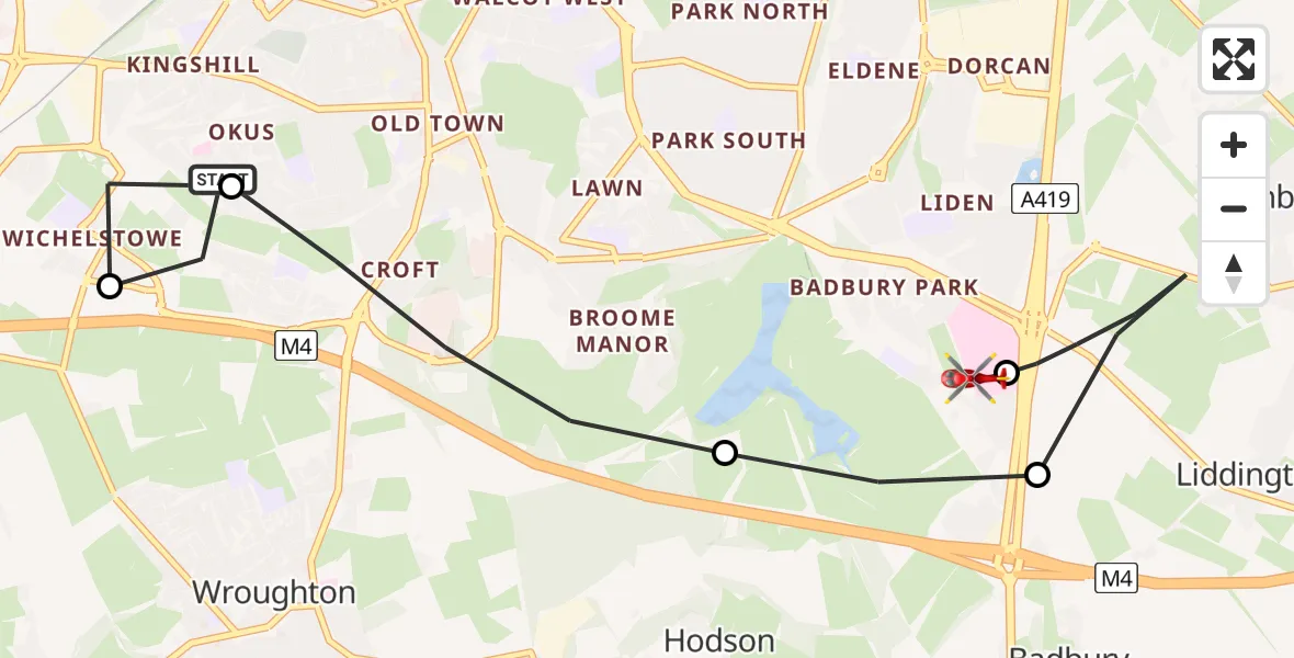 Flight path map showing Air Ambulance Helicopter route from Swindon to Great Western Hospital
