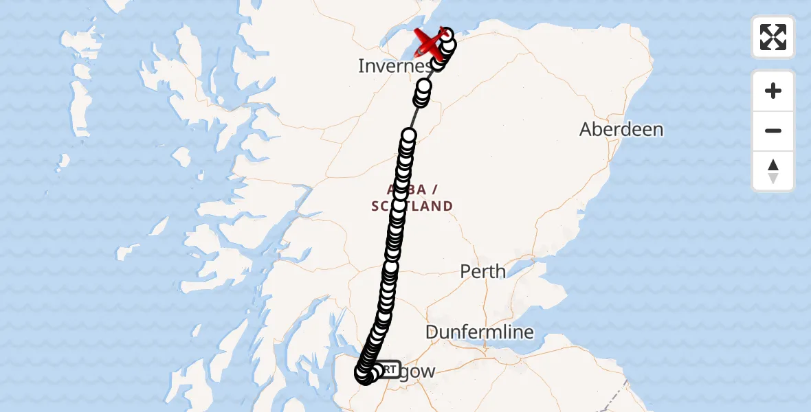 Flight path map showing Air Ambulance Aircraft route from Glasgow Airport to North Sea