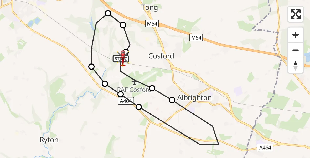 Flight path map showing Air Ambulance Helicopter route from RAF Cosford to Shifnal