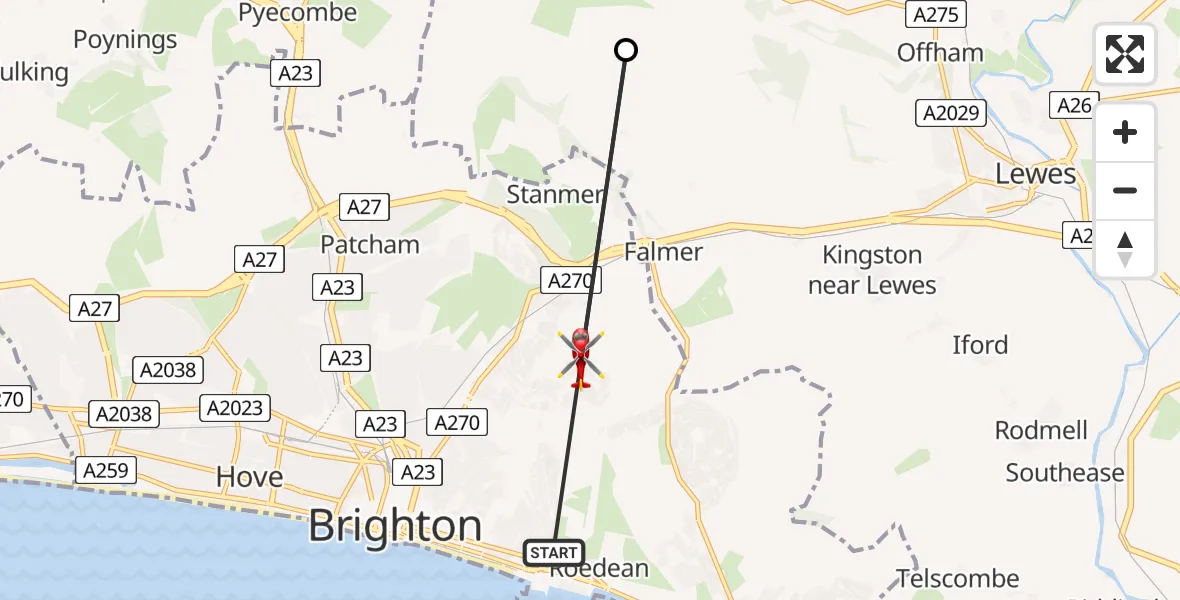 Flight path map showing Air Ambulance Helicopter route from Brighton to Brighton