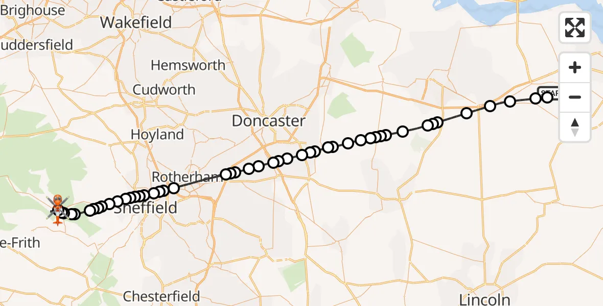 Flight path map showing Coastguard Helicopter route from Humberside Airport to Ladybower Reservoir
