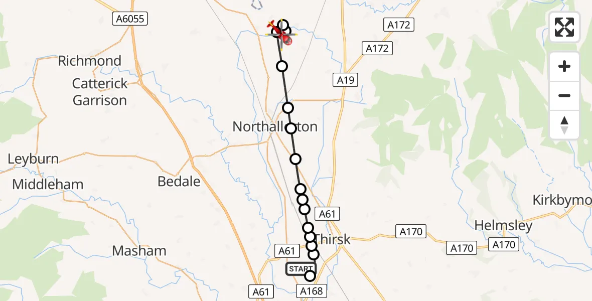Flight path map showing Air Ambulance Helicopter route from RAF Topcliffe to Hornby