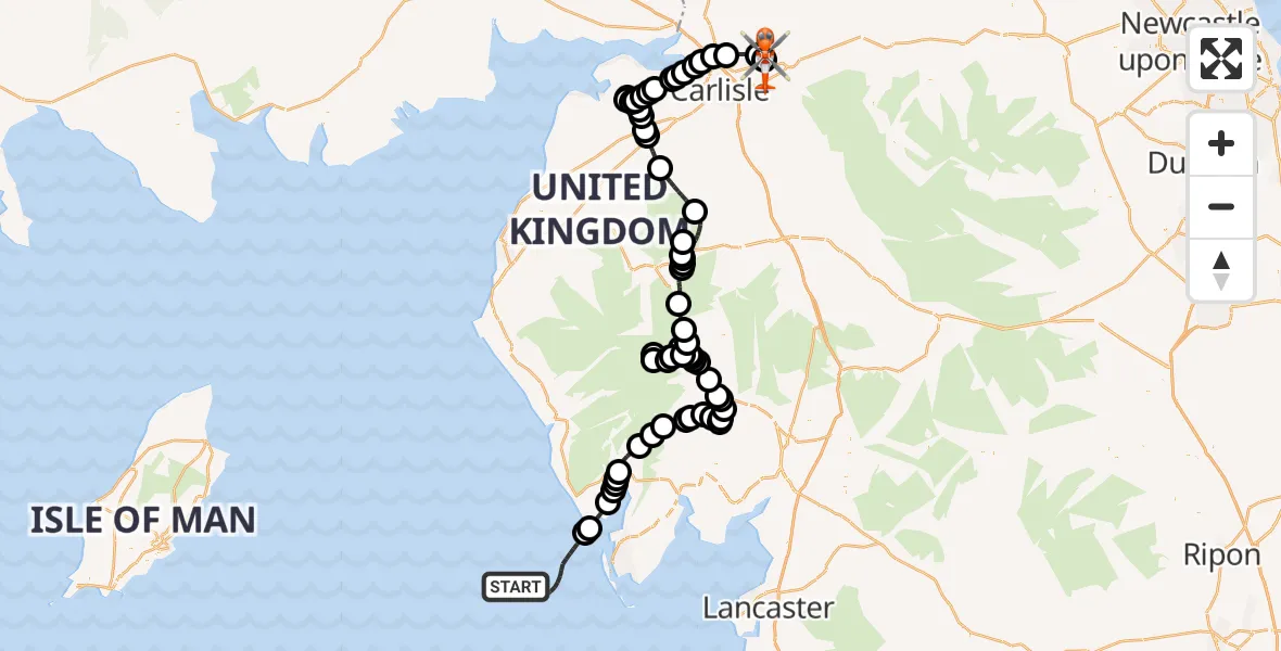Flight path map showing Coastguard Helicopter route from Irish Sea to Carlisle Lake District Airport