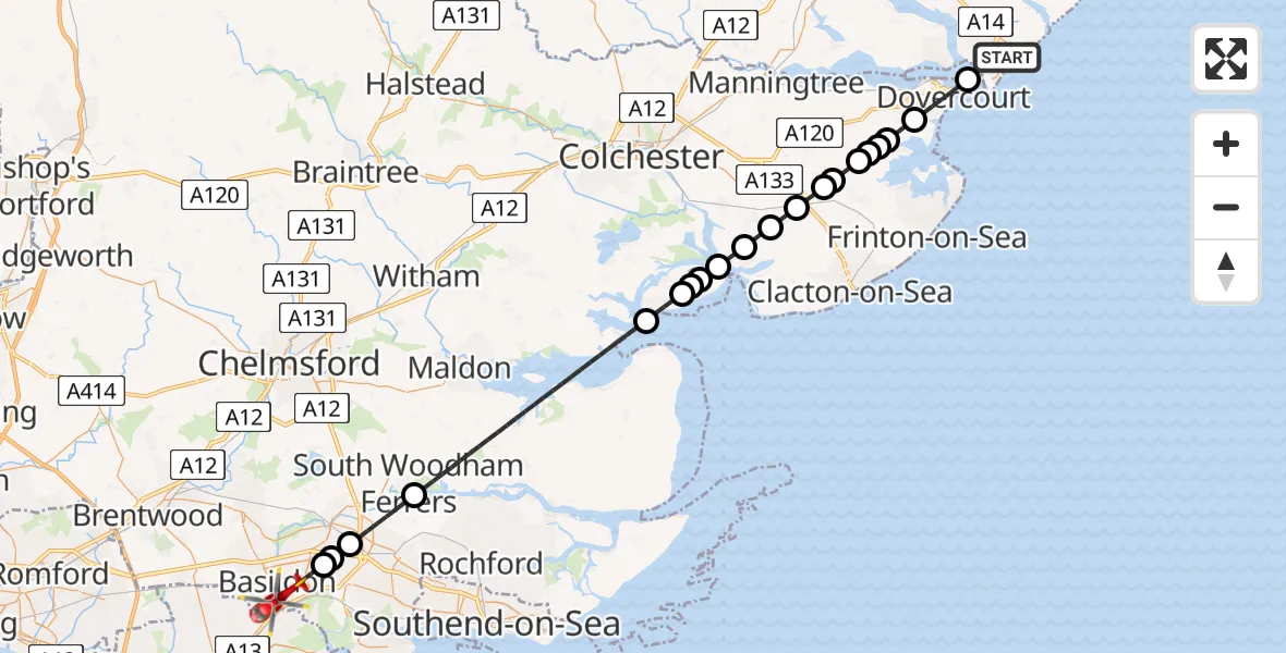 Flight path map showing Air Ambulance Helicopter route from Felixstowe to Basildon