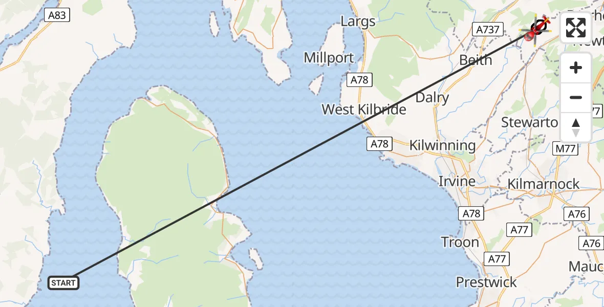 Flight path map showing Air Ambulance Helicopter route from Inner Seas to Uplawmoor