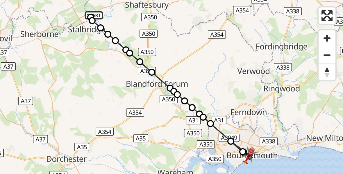 Flight path map showing Air Ambulance Helicopter route from Henstridge Airfield to Bournemouth