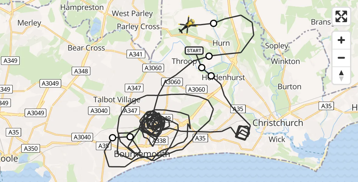 Flight path map showing Police Helicopter route from Bournemouth Airport to Bournemouth Airport