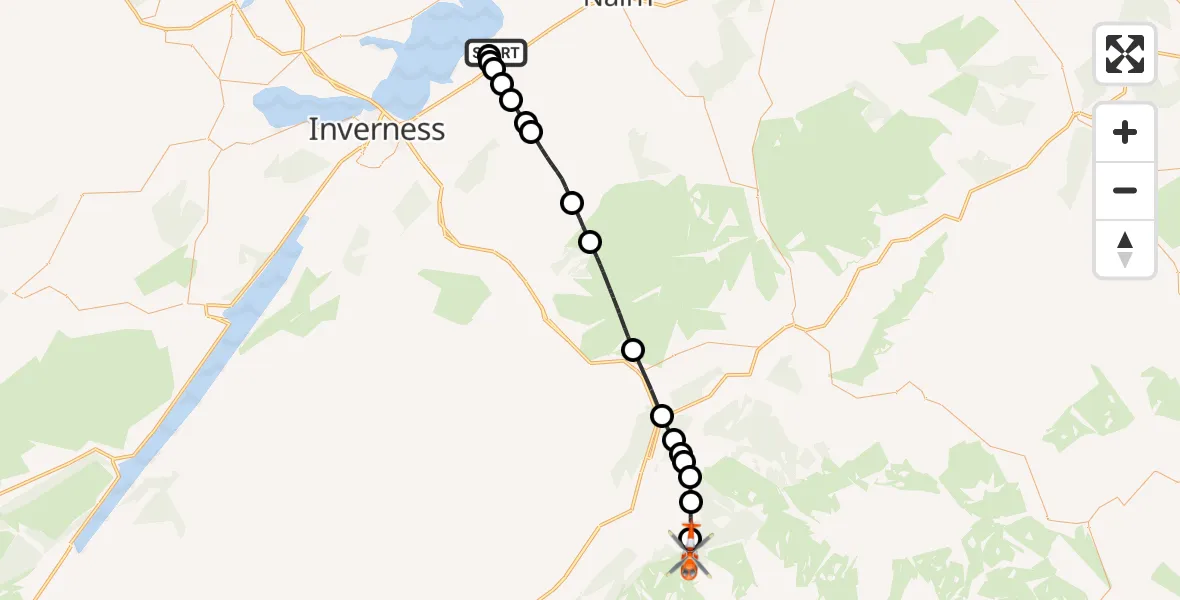 Flight path map showing Coastguard Helicopter route from Inverness Airport to Highland