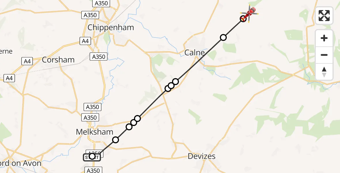Flight path map showing Air Ambulance Helicopter route from Wiltshire Air Ambulance to Hilmarton