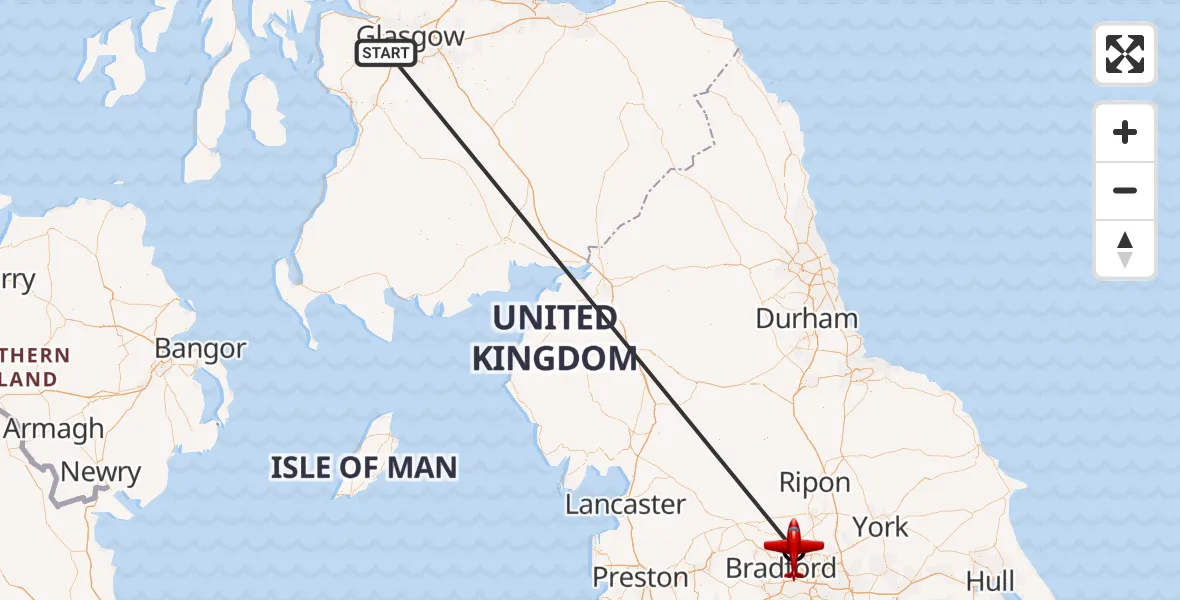 Flight path map showing Air Ambulance Aircraft route from Barrhead to Leeds Bradford Airport