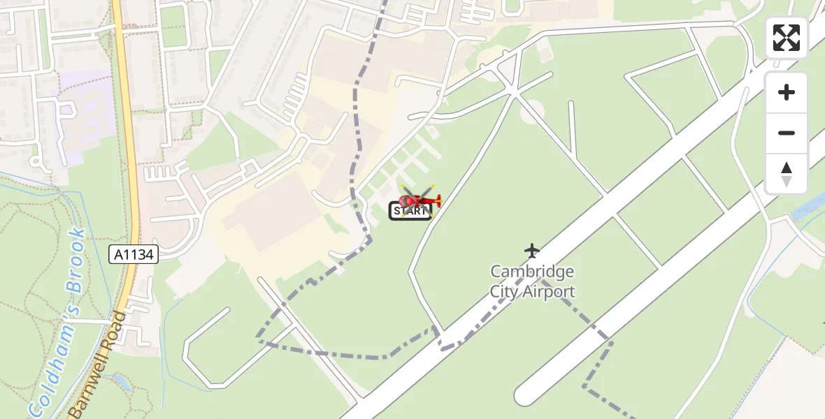 Flight path map showing Air Ambulance Helicopter route from Cambridge City Airport to Cambridge City Airport