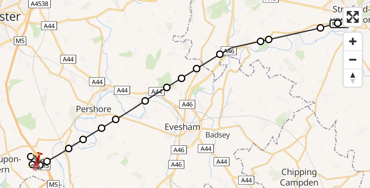 Flight path map showing Air Ambulance Helicopter route from Stratford-upon-Avon to Hill Croome