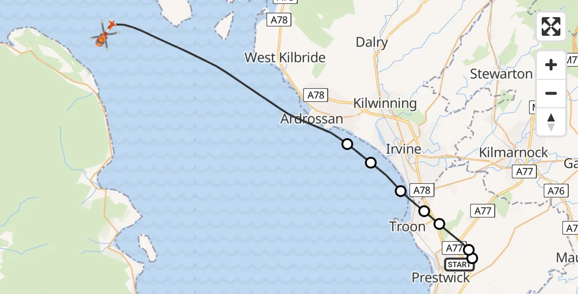 Flight path map showing Coastguard Helicopter route from Glasgow Prestwick Airport to Inner Seas