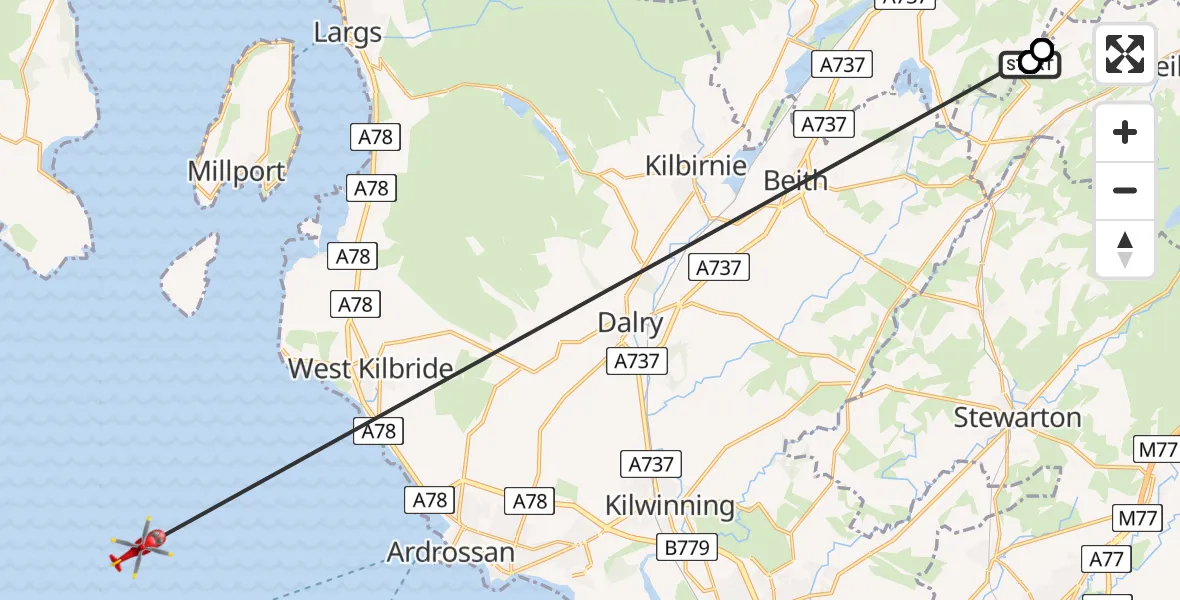 Flight path map showing Air Ambulance Helicopter route from Uplawmoor to Inner Seas