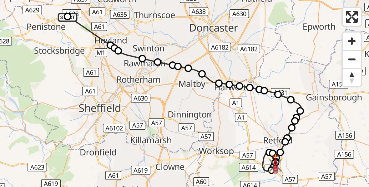 Flight path map showing Air Ambulance Helicopter route from Barnsley to Retford Gamston Airport