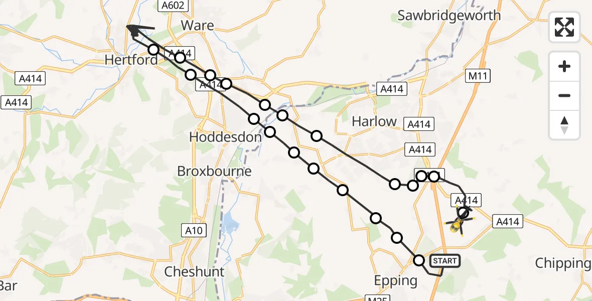 Flight path map showing Police Helicopter route from Coopersale to North Weald Airfield
