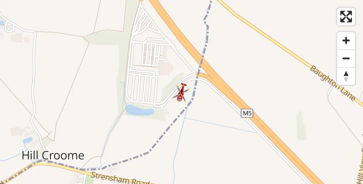 Flight path map showing Air Ambulance Helicopter route from Hill Croome to Hill Croome