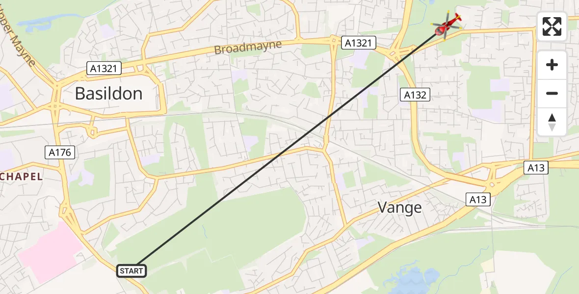 Flight path map showing Air Ambulance Helicopter route from Basildon to Basildon